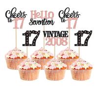 Xsstarmi 24 Pack 17th Birthday Cupcake Toppers Glitter 17 Hello Seventeen Vintage 2008 Cupcake Picks Cheers to 17 Cake Decorations for 17 Fabulous Happy 17th Birrthday Party Supplies Rose Gold