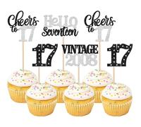 Xsstarmi 24 Pack 17th Birthday Cupcake Toppers Silver Glitter 17 Hello Seventeen Vintage 2008 Cupcake Picks Cheers to 17 Birthday Cake Decorations for 17 Fabulous Happy 17th Birrthday Party Supplies