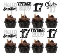 Xsstarmi 24 Pack 17th Birthday Cupcake Toppers Silver Glitter 17 Hello Seventeen Vintage 2009 Cupcake Picks Cheers to 17 Birthday Cake Decorations for 17 Fabulous Happy 17th Birrthday Party Supplies