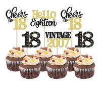 Xsstarmi 24 Pack 18th Birthday Cupcake Toppers Black Gold Glitter 18 Hello Eighteen Vintage 2007 Cupcake Picks Cheers to 18 Cake Decorations for 18 Fabulous Happy 18th Birrthday Party Supplies