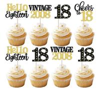 Xsstarmi 24 Pack 18th Birthday Cupcake Toppers Black Gold Glitter 18 Hello Eighteen Vintage 2008 Cupcake Picks Cheers to 18 Cake Decorations for 18 Fabulous Happy 18th Birrthday Party Supplies