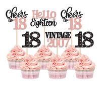 Xsstarmi 24 Pack 18th Birthday Cupcake Toppers Glitter 18 Hello Eighteen Vintage 2007 Cupcake Picks Cheers to 18 Cake Decorations for 18 Fabulous Happy 18th Birrthday Party Supplies Rose Gold
