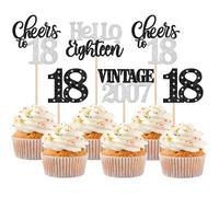 Xsstarmi 24 Pack 18th Birthday Cupcake Toppers Silver Glitter 18 Hello Eighteen Vintage 2007 Cupcake Picks Cheers to 18 Birthday Cake Decorations for 18 Fabulous Happy 18th Birrthday Party Supplies