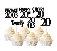 Xsstarmi 24 Pack 20th Birthday Cupcake Toppers Black Glitter Vintage 2003 Cupcake Picks Twenty Cheers to 20 Years Old Birthday for Happy 20th Birthday Party Cake Decorations Supplies