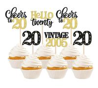 Xsstarmi 24 Pack 20th Birthday Cupcake Toppers Black Gold Glitter 20 Hello Twenty Vintage 2005 Cupcake Picks Cheers to 20 Cake Decorations for 20 Fabulous Happy 20th Birrthday Party Supplies