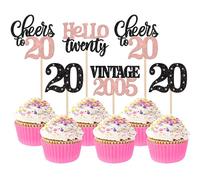 Xsstarmi 24 Pack 20th Birthday Cupcake Toppers Glitter 20 Hello Twenty Vintage 2005 Cupcake Picks Cheers to 20 Cake Decorations for 20 Fabulous Happy 20th Birrthday Party Supplies Rose Gold