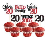 Xsstarmi 24 Pack 20th Birthday Cupcake Toppers Red Glitter 20 Hello Twenty Vintage 2005 Cupcake Picks Cheers to 20 Birthday Cake Decorations for 20 Fabulous Happy 20th Birrthday Party Supplies