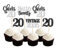 Xsstarmi 24 Pack 20th Birthday Cupcake Toppers Silver Glitter 20 Hello Twenty Vintage 2005 Cupcake Picks Cheers to 20 Birthday Cake Decorations for 20 Fabulous Happy 20th Birrthday Party Supplies