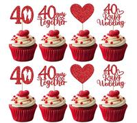 Xsstarmi 24 Pack 40 Ruby Wedding Cupcake Toppers Sweet Heart Glitter 40 Years Together Cupcake Picks for Happy 40th Wedding Anniversary Party Cake Decorations Supplies