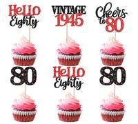 Xsstarmi 24 Pack 80th Birthday Cupcake Toppers Red Glitter 80 Hello Eighty Vintage 1945 Cupcake Picks Cheers to 80 Birthday Cake Decorations for 80 Fabulous Happy 80th Birrthday Party Supplies