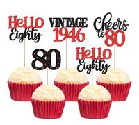 Xsstarmi 24 Pack 80th Birthday Cupcake Toppers Red Glitter 80 Hello Eighty Vintage 1946 Cupcake Picks Cheers to 80 Birthday Cake Decorations for 80 Fabulous Happy 80th Birrthday Party Supplies