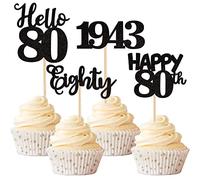 Xsstarmi 24 Pack 80th Birthday Cupcake Toppers Since 1943 Number Eighty Hello 80 Years Old Cupcake Picks Sweet 80 Cake Decorations for 80th Birthday Wedding Anniversary Party Supplies Black