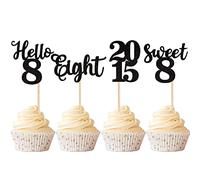 Xsstarmi 24 Pack 8th Birthday Cupcake Toppers Since 2015 Number Eight Hello 8 Years Old Cupcake Picks Sweet 8 Cake Decorations for 8th Birthday Wedding Anniversary Party Supplies Black