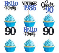 Xsstarmi 24 Pack 90th Birthday Cupcake Toppers Blue Glitter 90 Hello Ninty Vintage 1935 Cupcake Picks Cheers to 90 Birthday Cake Decorations for 90 Fabulous Happy 90th Birrthday Party Supplies