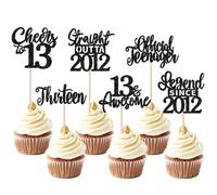 Xsstarmi 24 Pack Black 13th Birthday Cupcake Toppers Thirteen Happy 13th Official Teenager Straight Outta 2012 Cupcake Picks Cheers to 13 Lengend Since 2012 Cake Decor for 13th Birthday Party Supplies
