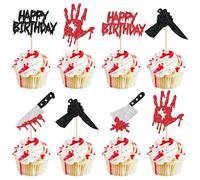 Xsstarmi 24 Pack Bloody Happy Birthday Cupcake Toppers Glitter Horror Classic Movie Characters Cupcake Picks Have a Killer Birthday Cake Decorations for Horror Theme Birthday Halloween Party Supplies