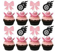 Xsstarmi 24 Pack Bows and Racing Wheel Cupcake Toppers Burnouts Boy or Girl Cupcake Picks for Baby Shower Birthday Gender Reveal Party Cake Decorations Supplies Black