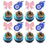 Xsstarmi 24 Pack Bows and Racing Wheel Cupcake Toppers Gender Reveal Party Decorations Burnouts Boy or Girl Cupcake Picks for Baby Shower Birthday Cake Decorations Blue