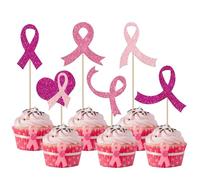 Xsstarmi 24 Pack Breast Cance Ribbon Cupcake Toppers Glitter Pink Ribbon Fight Hope Believe Breast Cancer Awareness Cupcake Picks for Breast Cancer Party Cake Decorations