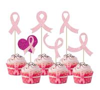 Xsstarmi 24 Pack Breast Cancer Awareness Cupcake Toppers Glitter Pink Ribbon Fight Believe Hope Cupcake Picks Decorations for Pink Ribbon Breast Cancer Party Cake Decorations