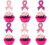 Xsstarmi 24 Pack Breast Cancer Awareness Cupcake Toppers Glitter Pink Ribbon Fight Beliveve Cupcake Picks for Breast Theme Love Women Health Pink Ribbon Party Cake Decorations Supplies