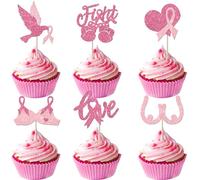 Xsstarmi 24 Pack Breast Cancer Awareness Cupcake Toppers Glitter Pink Ribbon Fight Beliveve Cupcake Toothpicks Decorations for Breast Theme Love Women Health Pink Ribbon Party Cake Decorations