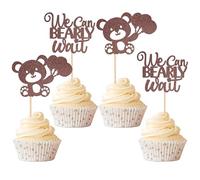 Xsstarmi 24 Pack Carry Cupcake Toppers Glitter We Can Bearly Wait Cupcake Picks for Gender Reveal Children Birthday Party Cake Decoration Brown
