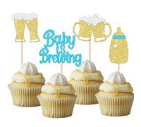 Xsstarmi 24 Pack Cheers and Beers Cupcake Toppers Glitter Baby Bottle Beer Cup Cupcake Picks Beer Mug Cupcake Decorations for Baby Shower Birthday Party Cake Decorations Supplies Blue