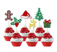 Xsstarmi 24 Pack Christmas Cupcake Toppers Glitter Holly Leaves and Berries Santa Hat Cupcake Picks Christmas Deer Tree Cake Decorations for Merry Christmas Theme Holiday Birthday Party