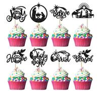 Xsstarmi 24 Pack Christmas Jesus Cupcake Toppers Glitter Holy Night Blessed Hope Believe Jesus Birthday Cupcake Picks for Nativity Scene Religion Christmas Party Cake Decorations Black