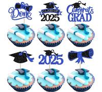 Xsstarmi 24 Pack Congrats Grad Cupcake Toppers Blue Glitter Diploma Done Class of 2025 Cupcake Picks for Prom 2025 Graduation Theme Party Cake Decorations Supplies