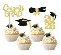 Xsstarmi 24 Pack Congrats Grad Cupcake Toppers Glitter Graduation Hat Diploma Done Cupcake Picks Class of 2026 Cake Decorations for 2026 Graduation Theme Party Supplies Black Gold