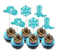 Xsstarmi 24 Pack Cowboy Cupcake Toppers Cowboy Hat Boot Cupcake Picks Western Birthday Cowboy Party Decorations for Western Baby Shower Party Cake Decorations Blue