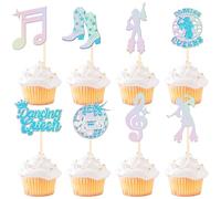 Xsstarmi 24 Pack Dancing Queen Cupcake Toppers Glitter Disco Ball Music Note Singer Dance Cupcake Picks for Vintage Disco Dancing Theme Wedding Women Birthday Party Cake Decorations Supplies Silver