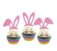 Xsstarmi 24 Pack Easter Bunny Ears Cupcake Toppers Glitter Happy Easter Rabbit Theme Cupcake Picks for Happy Birthday Spring Easter Baby Shower Kids Birthday Party Cake Decorations Pink