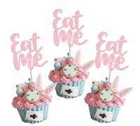 Xsstarmi 24 Pack Eat Me Cupcake Toppers Glitter Try Me Take One Cupcake Picks Wonderland Tea Party Cake Decorations for Alice Theme Baby Shower Kids Boys Girls Birthday Party Supplies Pink