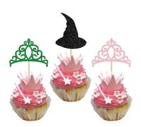 Xsstarmi 24 Pack Evil Witch Cupcake Toppers Witch Hat Crown Cupcake Picks for Magic Witch Anniversary Birthday Party Cake Decoration Pink Green
