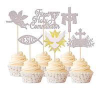 Xsstarmi 24 Pack First Holy Communion Cupcake Toppers Cross Dove Angel God Bless Cupcake Picks Christian Baptism Cake Decorations for First Communion Baby Shower Birthday Party Supplies Silver