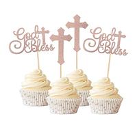 Xsstarmi 24 Pack God Bless and Baptism Cupcake Toppers Glitter Cross Cupcake Picks First Communion Christian Baptism Theme Party Cake Decorations Supplies Rose Gold