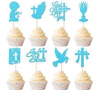 Xsstarmi 24 Pack God Bless and Cross Cupcake Toppers Glitter Dove Boy Baptism Cupcake Picks First Communion Cake Decorations for Religious God Bless Baptism Theme Baby Shower Kids Birthday Party Blue
