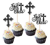 Xsstarmi 24 Pack God Bless Cupcake Toppers Glitter Christian Cross Cupcake Picks Baptism Cake Decorations for First Communion Baby Shower Birthday Party Supplies Light Black