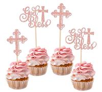 Xsstarmi 24 Pack God Bless Cupcake Toppers Glitter Cross Baby Baptism Cupcake Picks for First Communion Baby Shower Birthday Party Cake Decorations Supplies Rose Gold