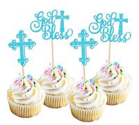 Xsstarmi 24 Pack God Bless Cupcake Toppers Glitter Cross Christian Cupcake Picks Baby Baptism Cake Decorations for First Communion Baby Shower Birhday Party Supplies Blue