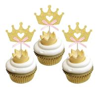 Xsstarmi 24 Pack Gold Bow Crown Cupcake Toppers Glitter Queen Princess Crown Cupcake Picks for Baby Shower Kids Birthday Party Cake Decorations Supplies