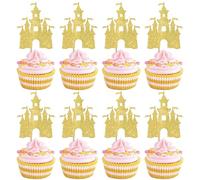 Xsstarmi 24 Pack Gold Castle Cupcake Toppers Sticks Glitter King Queen Prince Princess Castle Cupcake Picks for Baby Shower Kids Birthday Party Cake Decorations Supplies