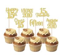 Xsstarmi 24 Pack Gold Sweet 15th Birthday Cupcake Toppers Fifteen 15 Fabulous Vintage 2010 Cupcake Picks for Awesome Since 2010 Cheers to 15th Birthday Wedding Anniversary Party Cake Decorations