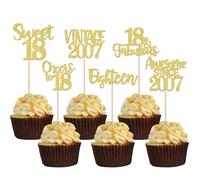 Xsstarmi 24 Pack Gold Sweet 18th Birthday Cupcake Toppers Eighteen 18 Fabulous Vintage 2007 Cupcake Picks for Awesome Since 2007 Cheers to 18th Birthday Wedding Anniversary Party Cake Decorations