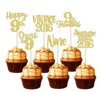 Xsstarmi 24 Pack Gold Sweet 9th Birthday Cupcake Toppers Nine 9 Fabulous Vintage 2016 Cupcake Picks for Awesome Since 2016 Cheers to 9th Birthday Wedding Anniversary Party Cake Decorations