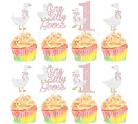 Xsstarmi 24 Pack Goose Theme 1st Birthday Cupcake Toppers Daisy Glitter Farm Animal Goose HBD Cupcake Picks for Baby Shower Boys Girls Kids 1st Birthday Party Cake Decorations Pink