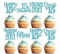 Xsstarmi 24 Pack Happy 15th Birthday Cupcake Toppers Glitter Awesome Since 2011 Vintace Cupcake Picks for Cheers to 15 Fabulous Fifteen Birthday Party Cake Decorations Supplies Light Blue